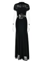 JULISSA MO Sexy Hollow Out Turtleneck Women Maxi Dress Coffee Short Sleeve See Through Mesh Bodycon Elegant Party Evening Dress