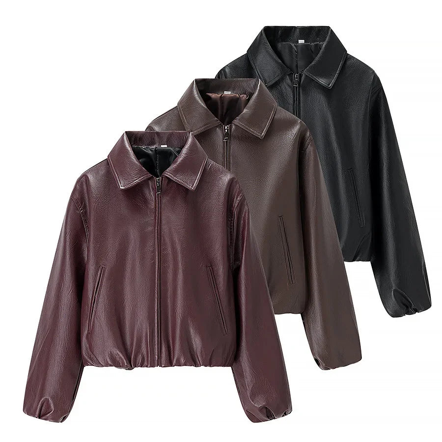 European and American style women's fashion loose-fit long-sleeve leather jacket with a collar