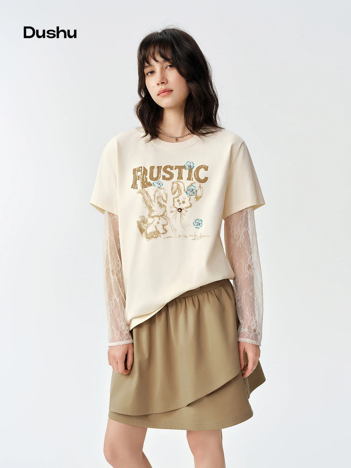 DUSHU Lace Patchwork Faux Two-piece Long Sleeve T-shirt Women Cartoon Printed Autumn 2026 Fashion Loose Top Leisure Designable