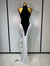 Patchwork Sleeveless Maxi Long Dress Women Fashion Contrast Color Ruched Bodycon Fancy Club Evening Party Birthday Long Dresses
