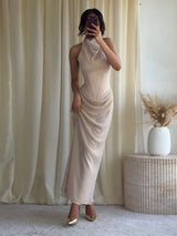 High Neck Short Sleeve Tassel Trim Midi Dress Slim Fit Bodycon 2026 Summer Women Elegant Dress Galm Casual Lady Long Dress