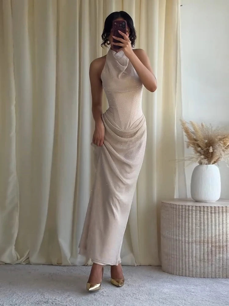 High Neck Short Sleeve Tassel Trim Midi Dress Slim Fit Bodycon 2026 Summer Women Elegant Dress Galm Casual Lady Long Dress