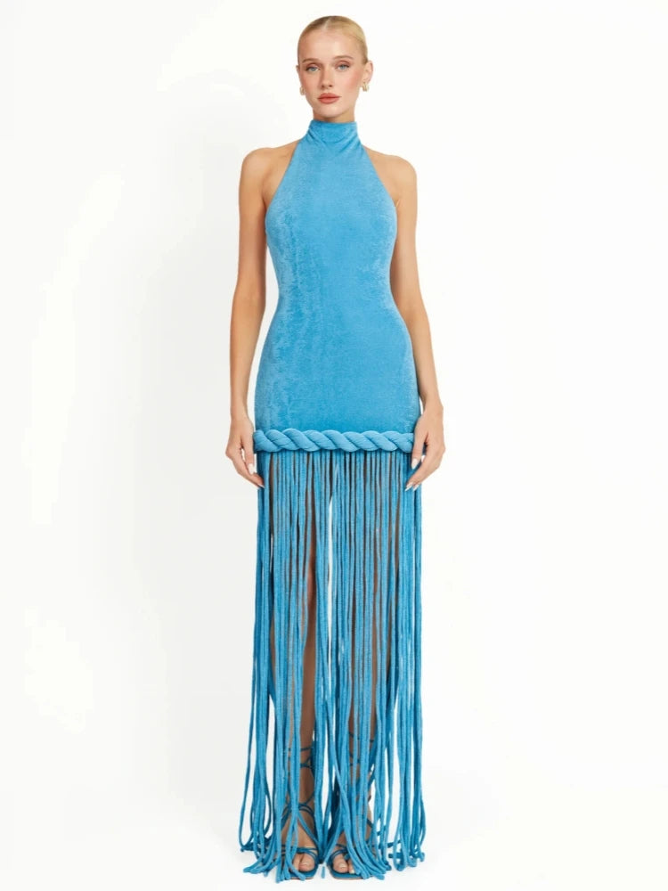 Sexy Halter Neck Patchwork Twist Knot Tassels Long Dress Women Blue Velvet Sleeveless Backless Dresses Evening Party Cocktail