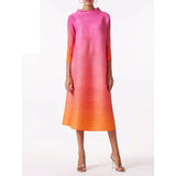 YUDX Miyake Elegant Gradient Pleated Dress Turtleneck Full Sleeves Pink Orange Fashion Mid-Calf Dresses For Women 2025 New