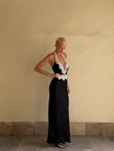 Black Lace Patchwork Halter Neck Maxi Dresses V-neck Sleeveless Backless High Waist Long Dress 2026 Elegant Party Club Outfits