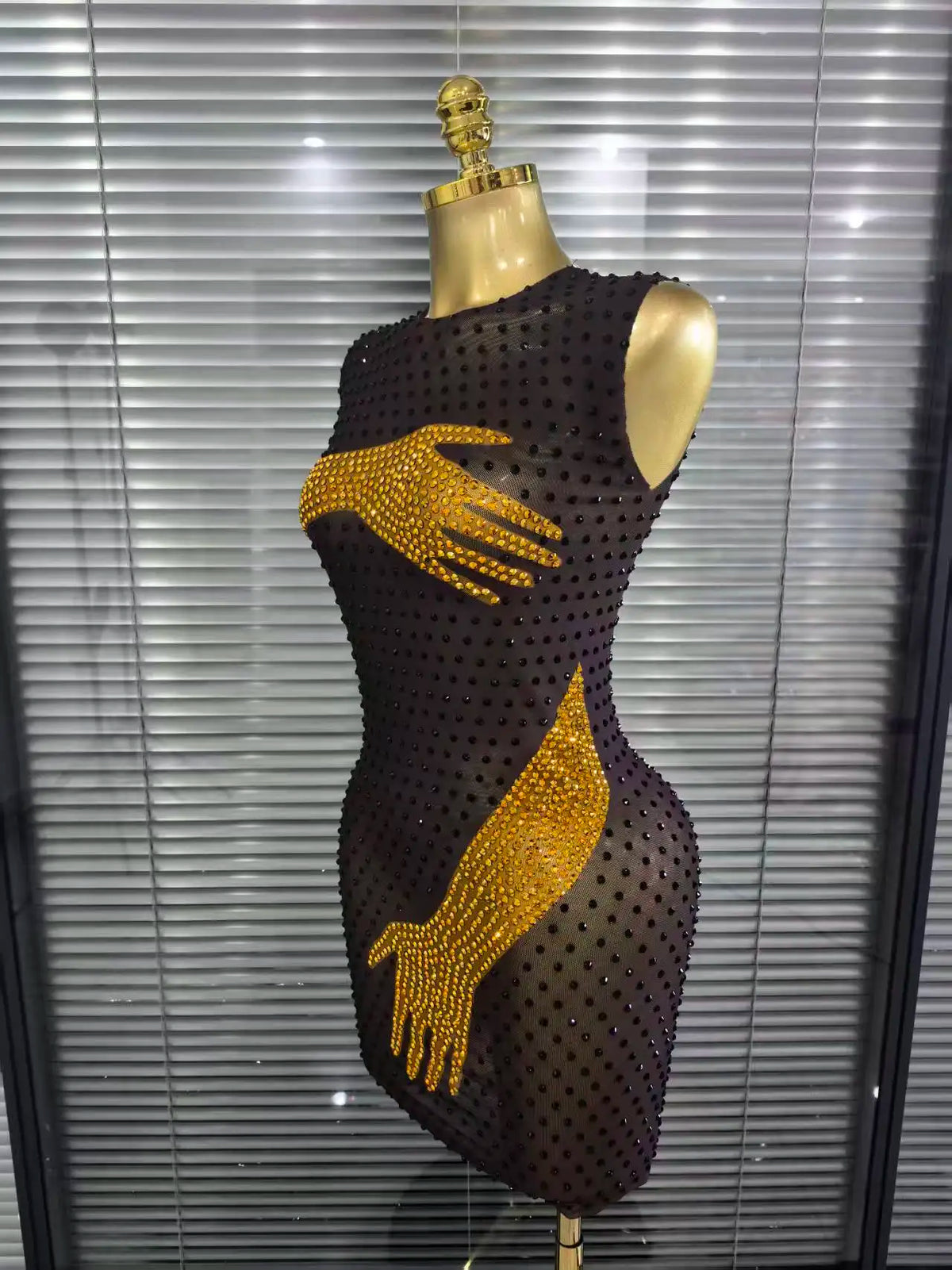 Khaki Black Women Sleeveless Sexy O-Neck Mesh See Through Bodycon Mini Dress Shining Rhinestones Celebrate Nightclub Party Wear