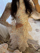 Elegant Floral Women's Cake Dress Bell-Bottomed Sleeve Stand Collar Waist-Closed Lady Dresses 2026 Spring Summer Female Robe