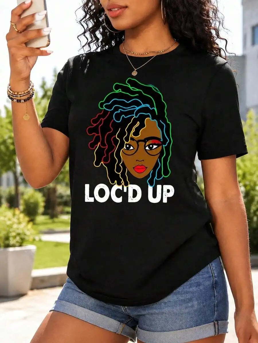 Colorful Locs Woman Portrait Graphic Tees Women, Soft Black Short Sleeve T Shirts, Cute Summer Tops Vacation Outfits Daily Shirts