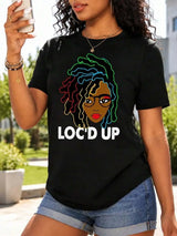 Colorful Locs Woman Portrait Graphic Tees Women, Soft Black Short Sleeve T Shirts, Cute Summer Tops Vacation Outfits Daily Shirts
