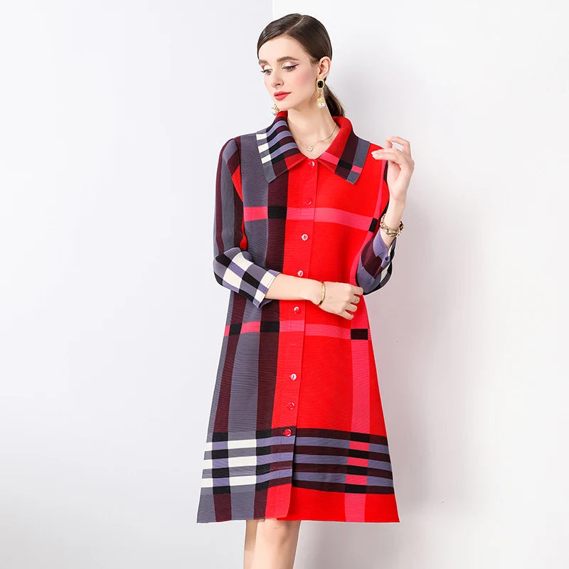 Autumn 2024 Arrival Miyake Fashionable Pleated Dress with Printed Stripes Chic Loose Collar Button Placket Color Locked Design