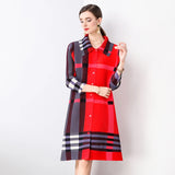 Autumn 2024 Arrival Miyake Fashionable Pleated Dress with Printed Stripes Chic Loose Collar Button Placket Color Locked Design