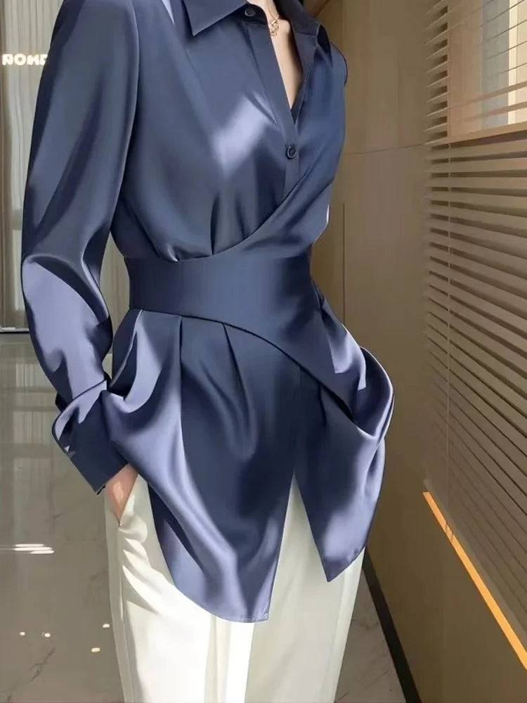 French Temperament and Frigidity Are Unique and Unique Small Tops, Blue Satin Waist-hugging Shirts for Women