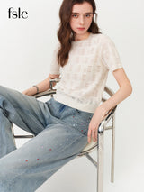 FSLE 2026 Summer Women's Textured Cut-out Round Neck Short Sleeve Knit Top Soft Lightweight Breathable Blouse Elegant Style