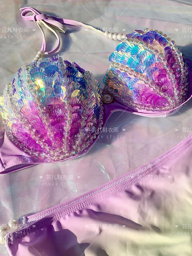 New Thailand Shell Sequin Bikini Corset Mermaid Show Spa Vacation Split Swimsuit Gathered Sexy Corset Set