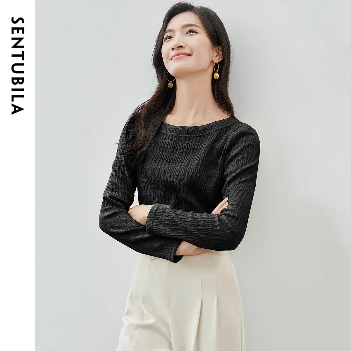 SENTUBILA Slash Neck T-shirt for Women's 2026 Spring Solid Casual Straight Knitted Long Sleeve Simple Tops Female 151T57497