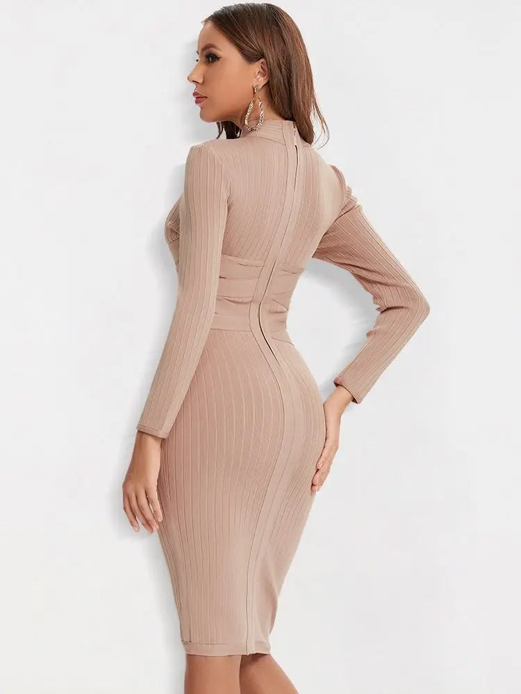 BEAUKEY Sexy Red Bandage Dress 2023 Nude Turtleneck Long Sleeves Office Bodycon Dress Cross Criss Women Midi Vestidos Maxi XL