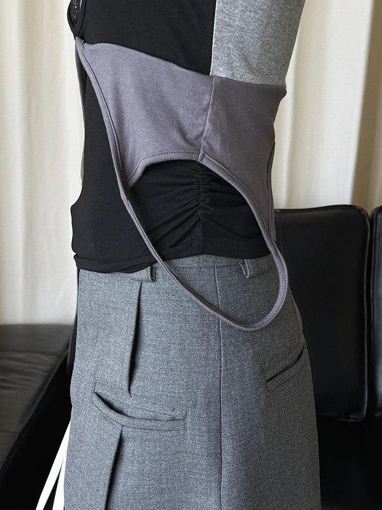 [EAM] Women Gray Lace Spliced Slim Color-block T-shirt New Round Neck Short Sleeve Fashion Tide Spring Summer 2026 1DJ8427