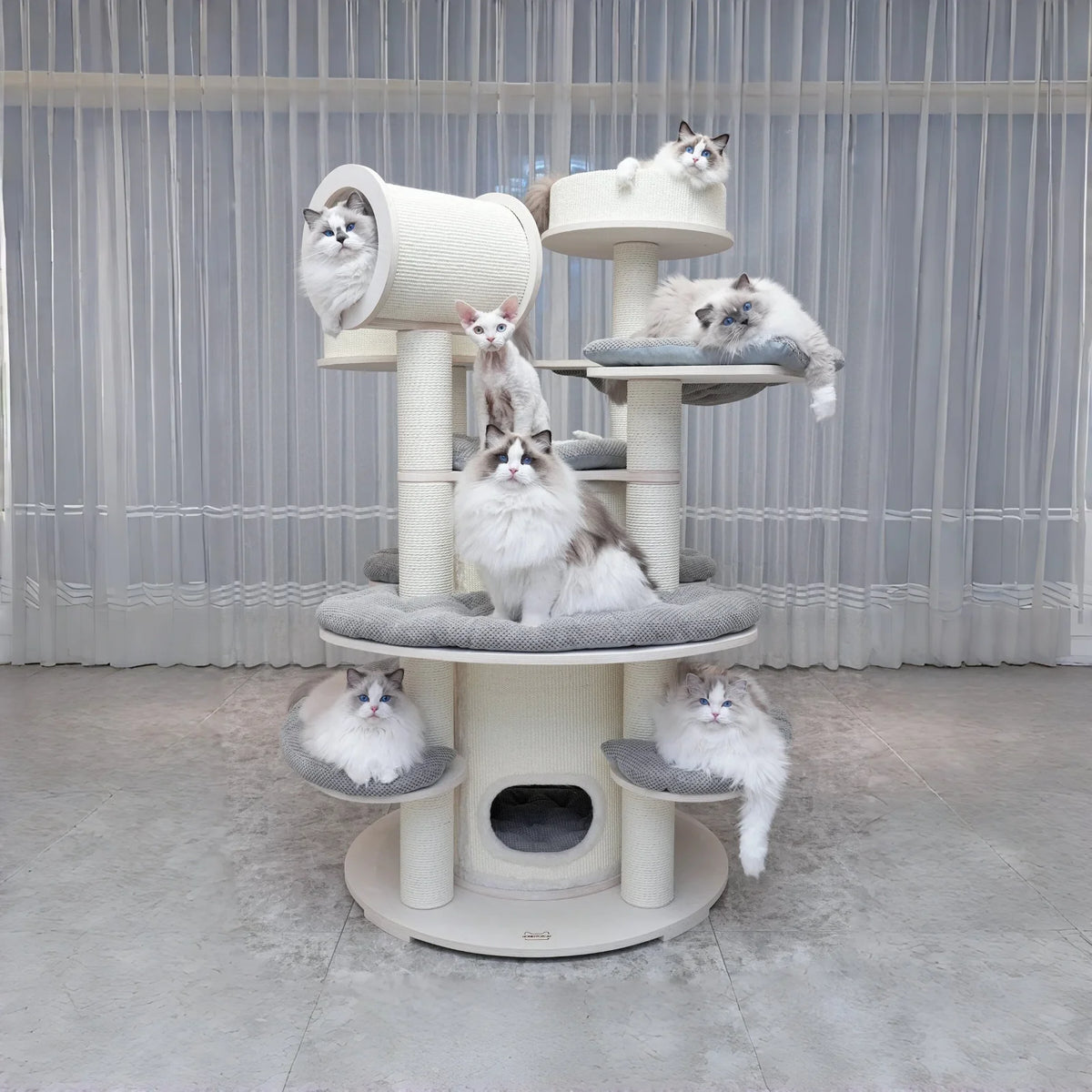 1.7m Extra Large Multi-Level Luxury Wooden Cat Tower E0 Plywood Cat Condo with Paper Rope Scratching Post for Multiple Cats