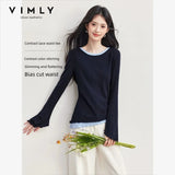VIMLY Navy Blue T-shirt Women Fake Two-Piece Color Block Long Sleeve T-shirts Elegant Wavy Hem Tie Slim-fit Tops Ladies A7226