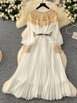 Spring Autumn French Sequin Nail Bead Long Sleeved Dress Women New Elegant Temperament Birthday Party Pleated Long Dress C227