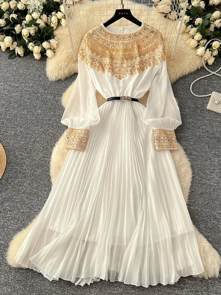 Spring Autumn French Sequin Nail Bead Long Sleeved Dress Women New Elegant Temperament Birthday Party Pleated Long Dress C227