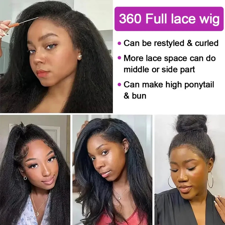Kinky Straight Human Hair Wigs 360 Lace Front Wig Invisible Strap HD Pre