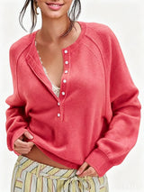Women's Long-Sleeve Knitted Sweater, Half-Button Design, Henley Collar, Casual Style, lightweight Material, Solid Color Pullover Knitwear.