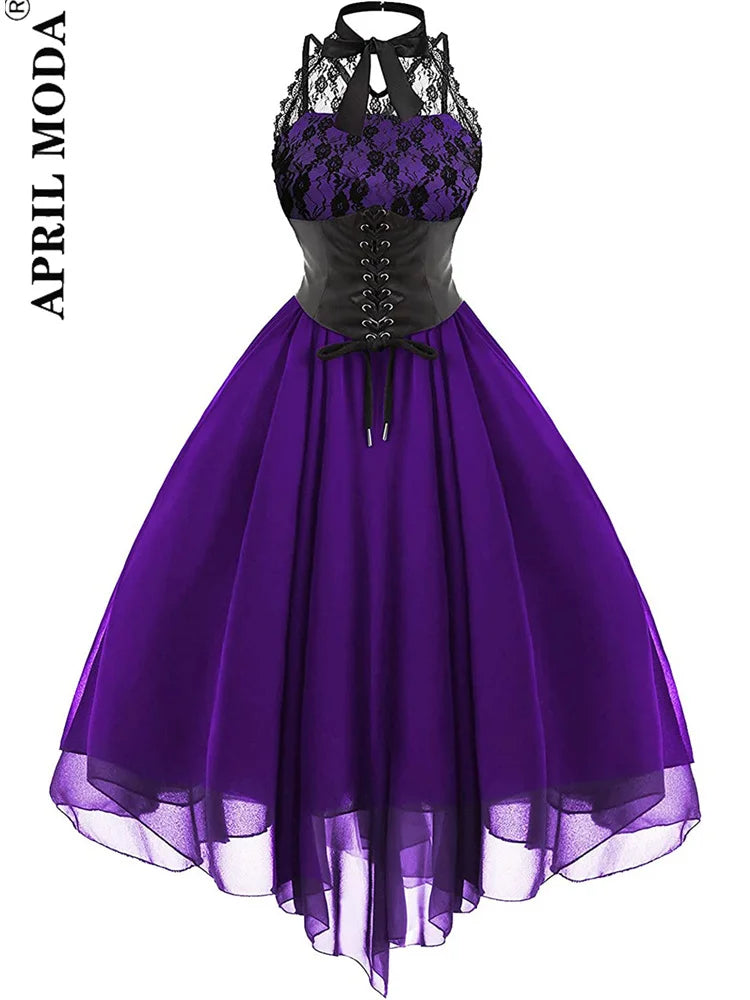 Irregular Hem Black High Waist Gothic Dresses Sleevesless Lace Chiffon Patchwork Aesthetic Goth Harajuku A-Line Dress for Women