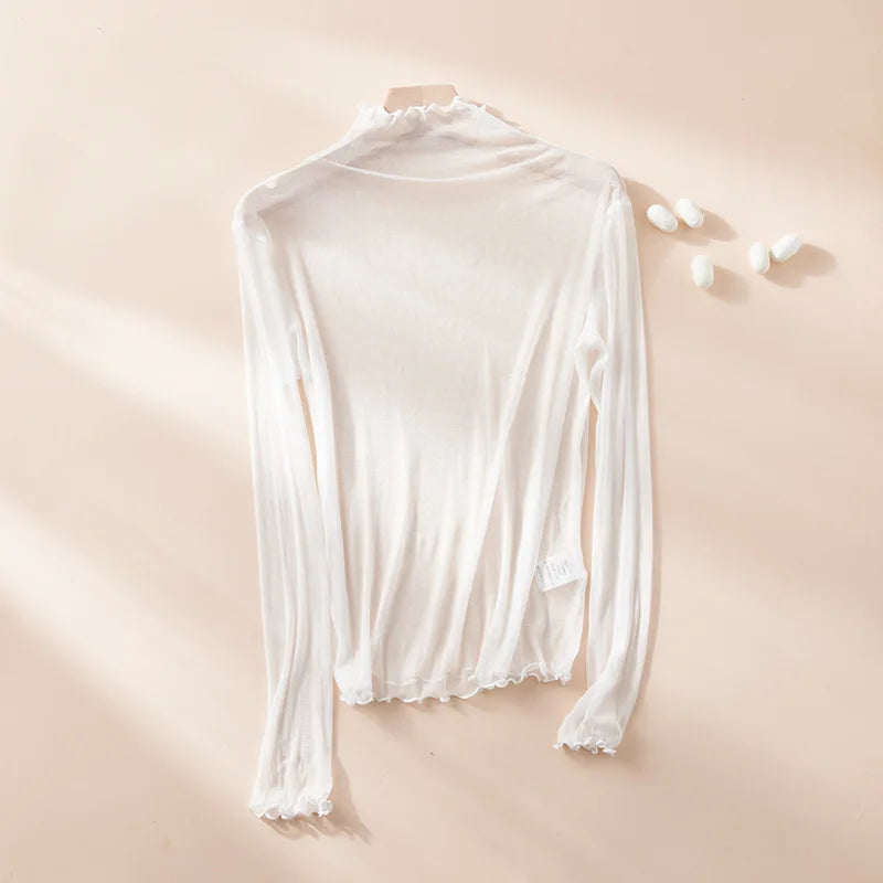 BirdTree, 100%Real Silk Girl Mesh T-shirt, Women Long Sleeve Transparent, Breathable Sexy Tops, 2026 Summer Autumn New T46587QM
