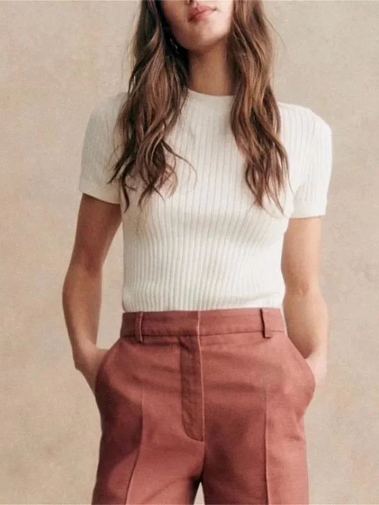 Women's Pit Stripes Knitted Tshirt Solid Color Round Neck Short Sleeve Lady Slim Fit Stretch Tee Knitwear 2025 Summer