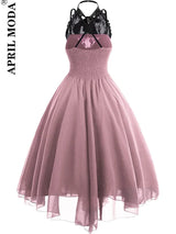 Irregular Hem Black High Waist Gothic Dresses Sleevesless Lace Chiffon Patchwork Aesthetic Goth Harajuku A-Line Dress for Women