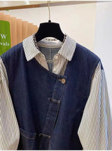 plus Size Women's Denim Patchwork Long Sleeve Shirt Spring Loose Striped Slimming T-Shirt Korean Style Commute Fashion