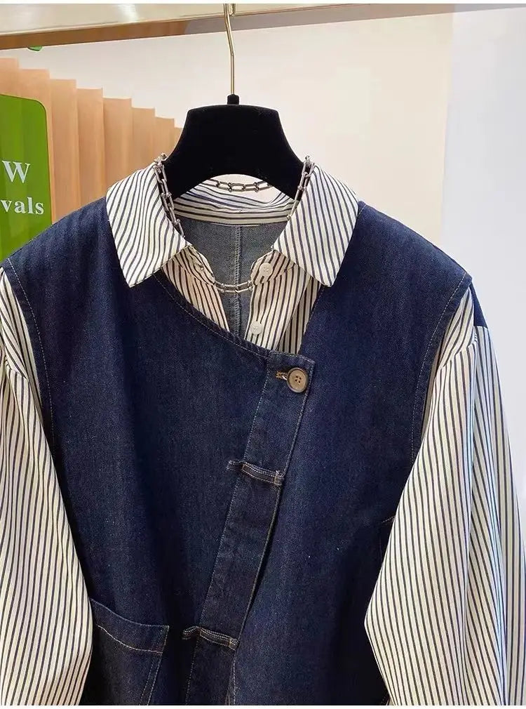 plus Size Women's Denim Patchwork Long Sleeve Shirt Spring Loose Striped Slimming T-Shirt Korean Style Commute Fashion