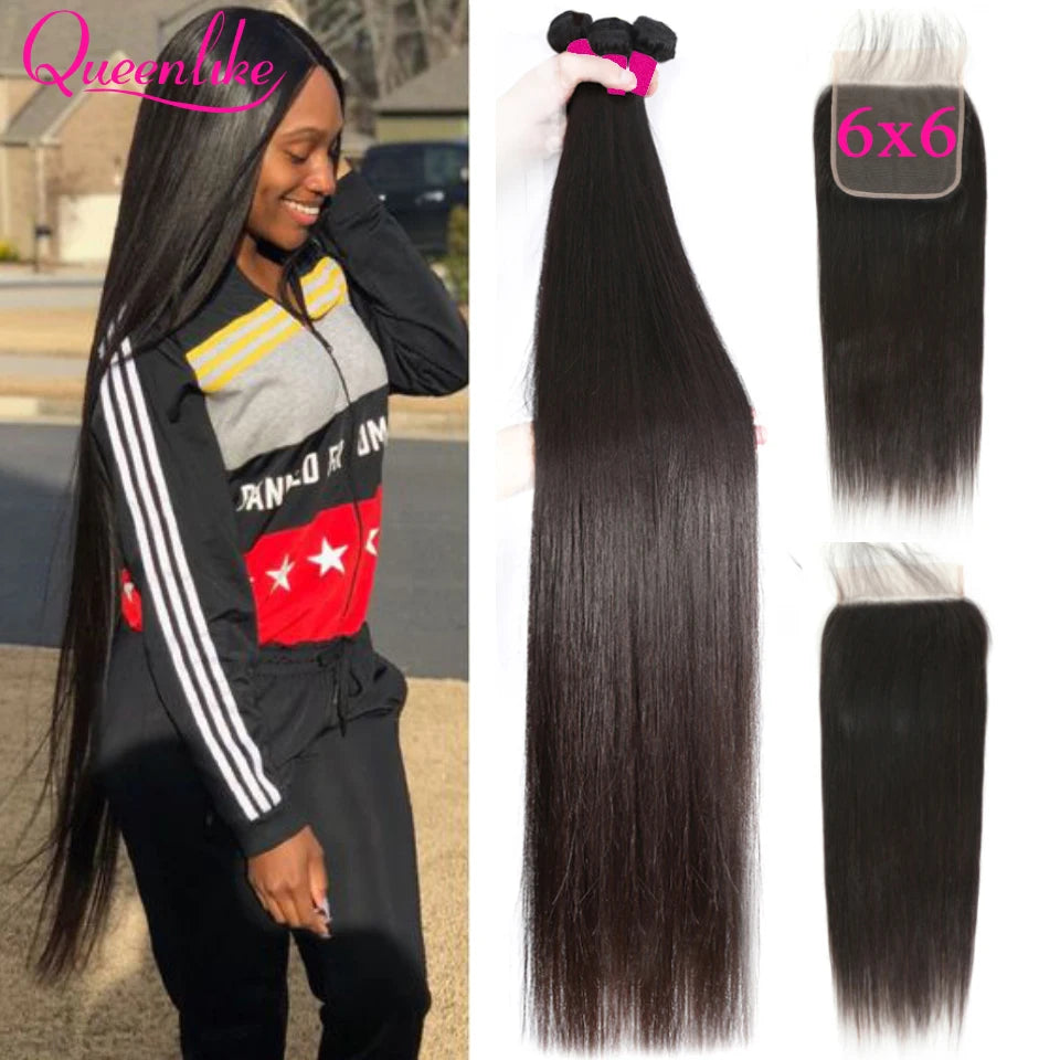Queenlike 5x5 Lace Closure With Bundles Brazilian Weave 30 40 Inch Straight Human Hair Bundles With 6X6/13X4 Frontal Closures