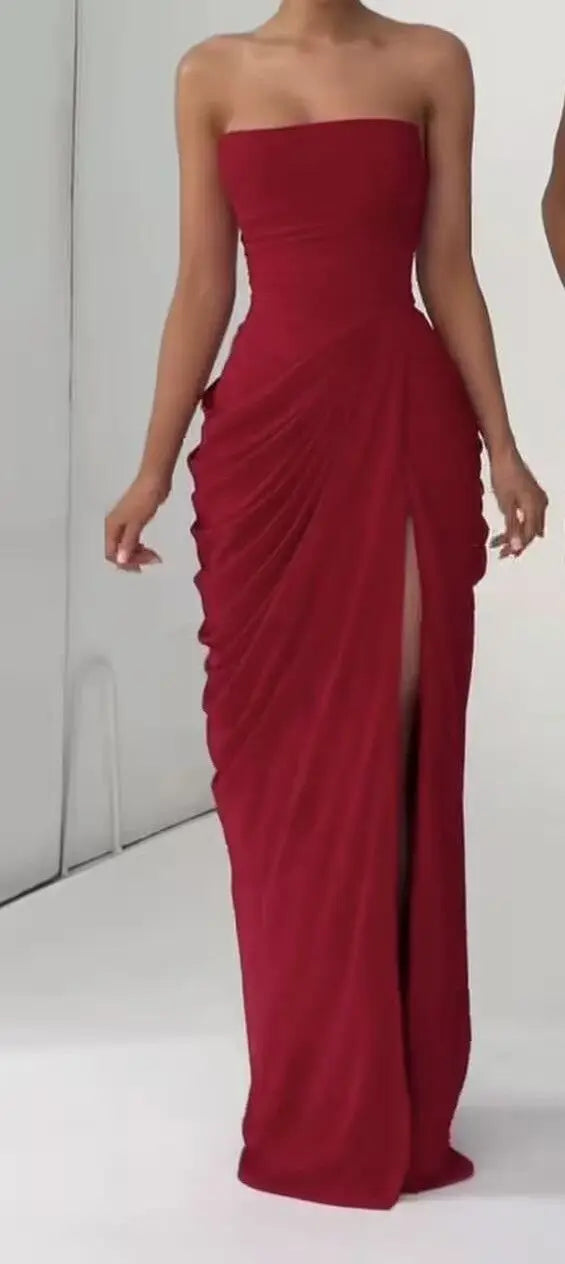 DEAT Fashion Ruched Slit Strapless Dresses Women's Sleeveless Bodycon Yellow Maxi Party Dresses New 7A4256