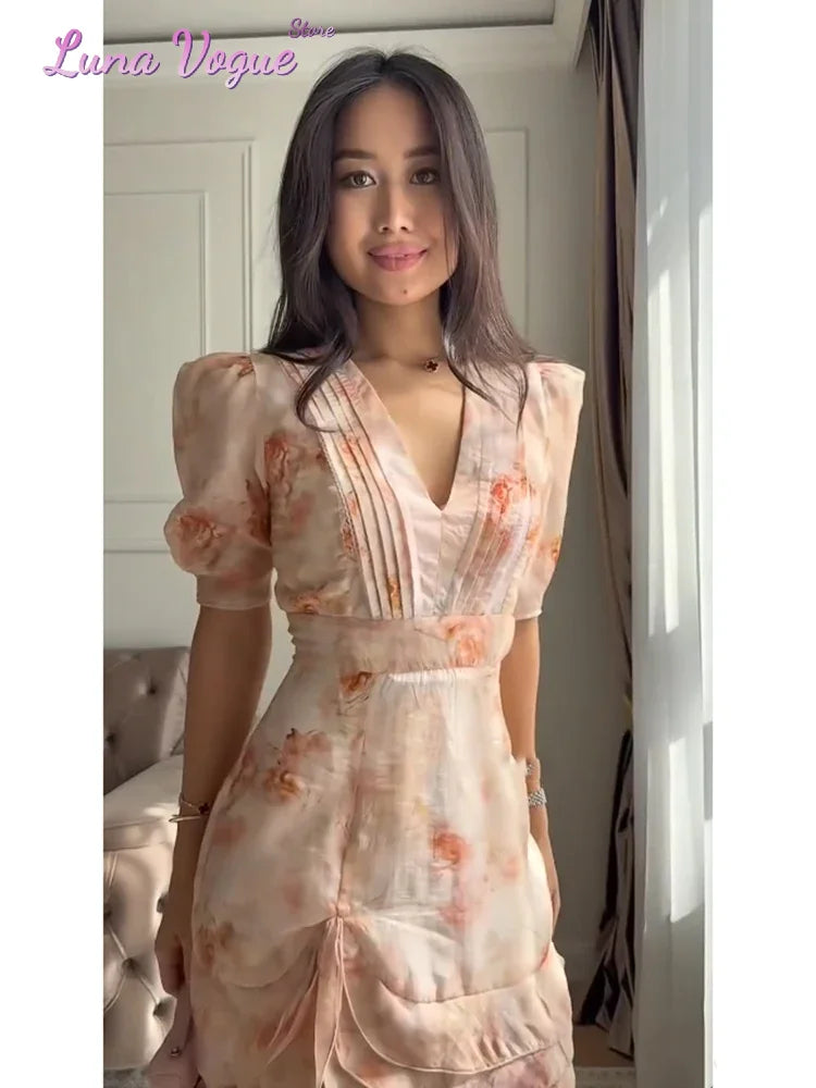 Women Floral Printed V-neck Mini Dress Fashion Half Sleeve High Waist Ruffle Slim Dresses 2026 Summer Elegant Lady Vacation Wear