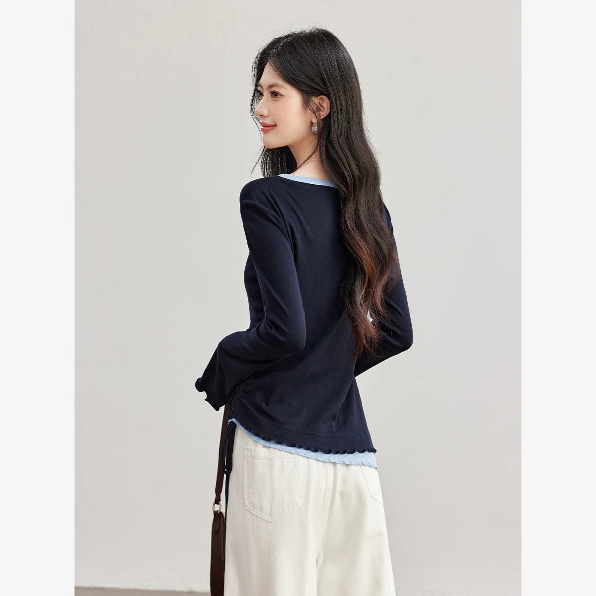 VIMLY Navy Blue T-shirt Women Fake Two-Piece Color Block Long Sleeve T-shirts Elegant Wavy Hem Tie Slim-fit Tops Ladies A7226