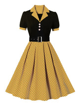 Tonval Black and Polka Dot Vintage Pleated Dresses Notched Collar 2025 Elegant Summer Women Short Sleeve Belted 50s Retro Dress