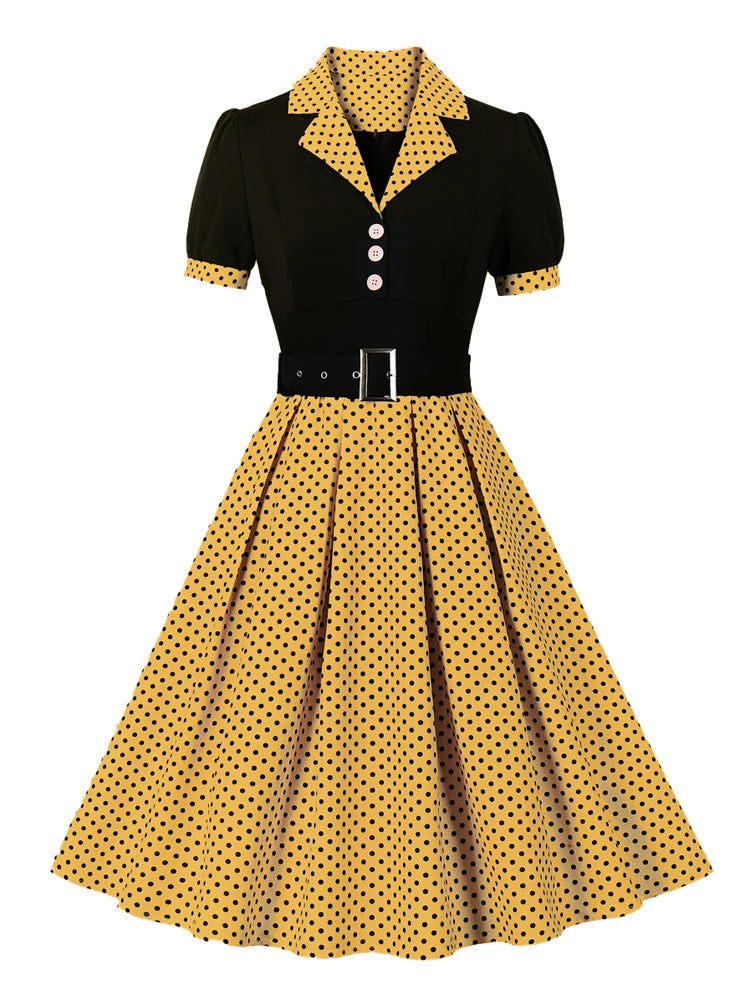 Tonval Black and Polka Dot Vintage Pleated Dresses Notched Collar 2025 Elegant Summer Women Short Sleeve Belted 50s Retro Dress