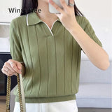 WinvyNee Summer Women's Cotton Polo Collar Short Sleeve T-Shirt Casual Cotton Tops Women Clothing Knitted Pullover A1092079A