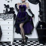 Gothic Low Swing Cocktail Party Dress Women's Vintage Goth Lace Smocked Elastic Waist Pleated Flowy Bodycon Dresses