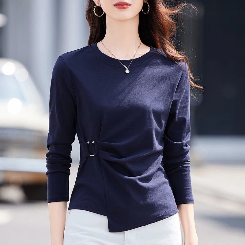 Wine Red Long Sleeved T-Shirt for Women's Autumn New High-End Fashion Cotton Plus Size Asymmetrical Splicing Casual Top