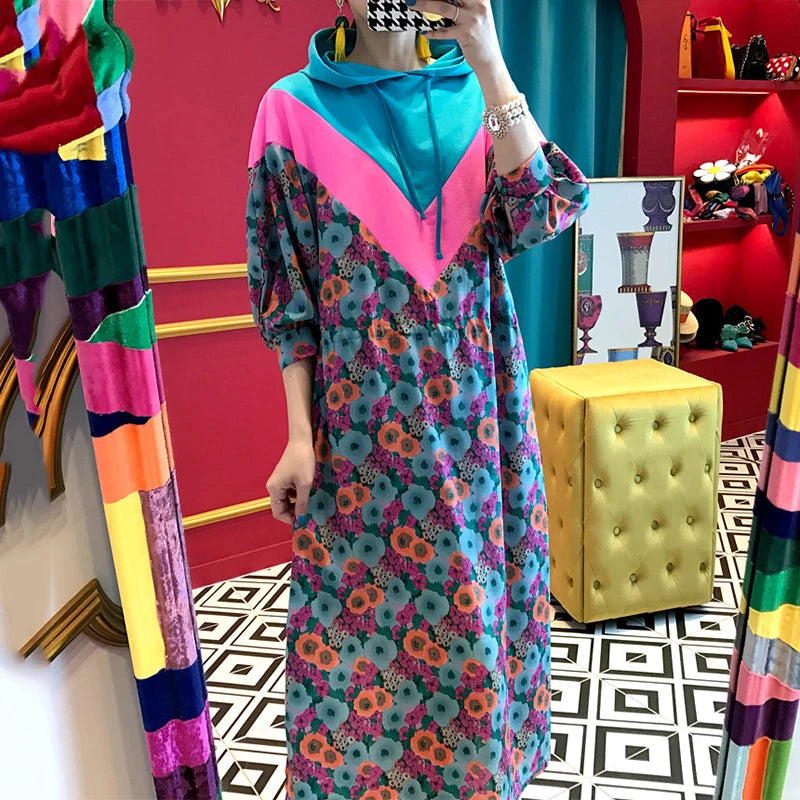 Chic Retro Floral Print Long Hoodie Dress Women's High Waist Belted Color Block Sweatshirt Style Dress City Commute Autumn