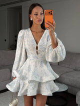 Chic Women Satin Printed Mini Dress Women Elegant V-neck Puff Sleeves Waist Cinching A-line Dresses 2026 Summer Lady Party Robes