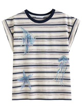 DUSHU Rhinestone Ocean Print Striped Raglan Sleeve T-Shirt 2026 Summer O-neck Leisure Holiday Loose Fit Cozy Print Top BF Chic