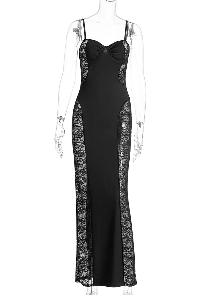 JULISSA MO Patchwork Sexy See Through Lace Women Maxi Dress Black Spaghetti Strap Print Floral Slim Elegant Party Evening Dress