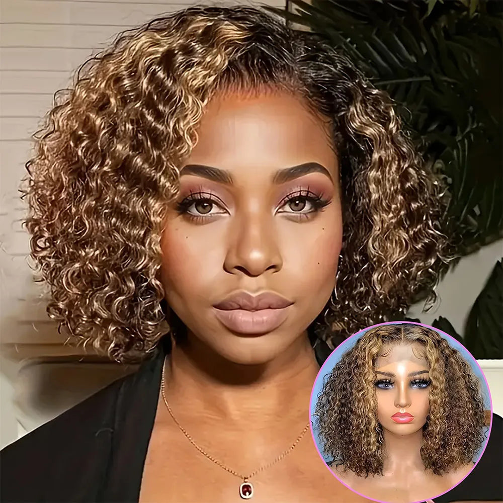 Highlight Ombre Bob Wig Human Hair Curly Short 5X5 Hd Lace Closure Wig