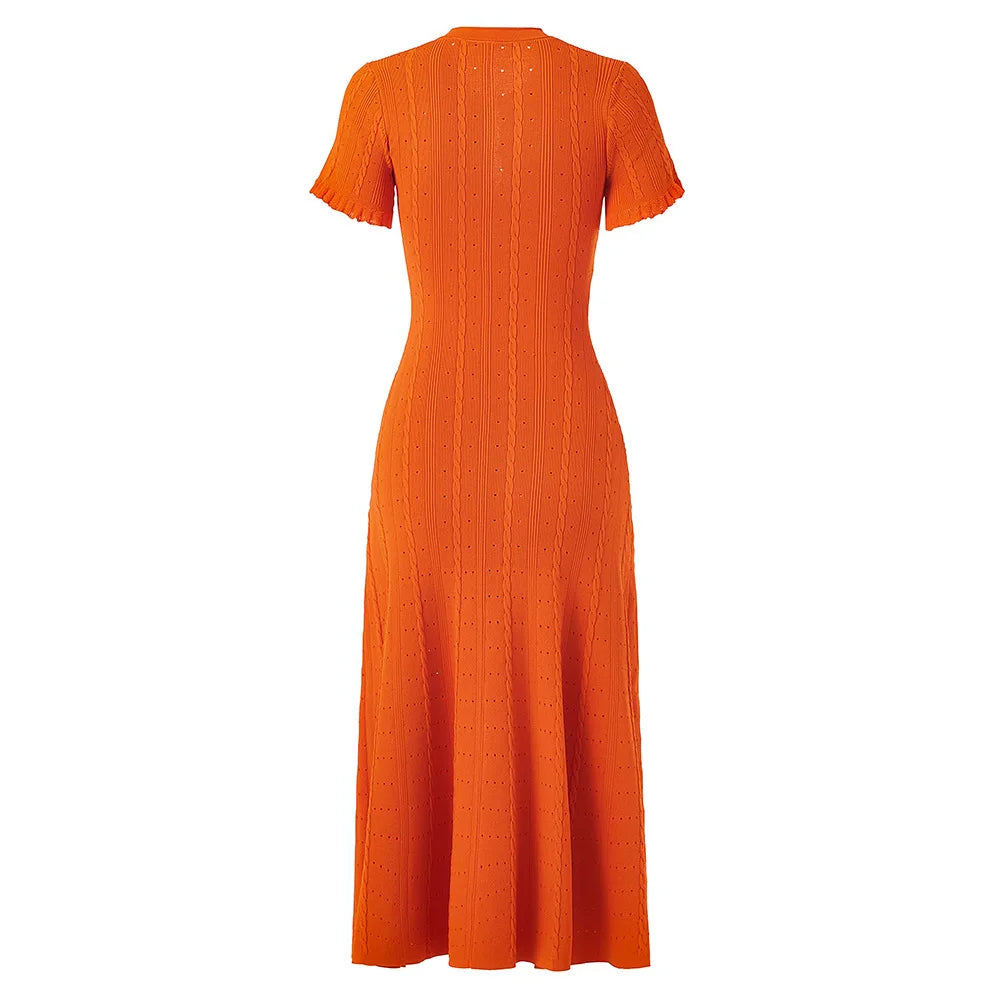 Summer Elegant Lady Knitted Single Breasted Long Dresses Women Solid Short Sleeve O Neck Button Bodycon Party Female Vestidos
