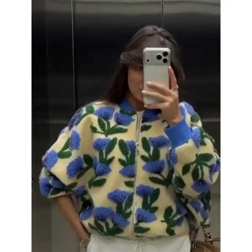 Dreamy Floral Plush Bomber Jacket Women, Oversized Zip Up Long Sleeve Fleece High Street Casual Coat