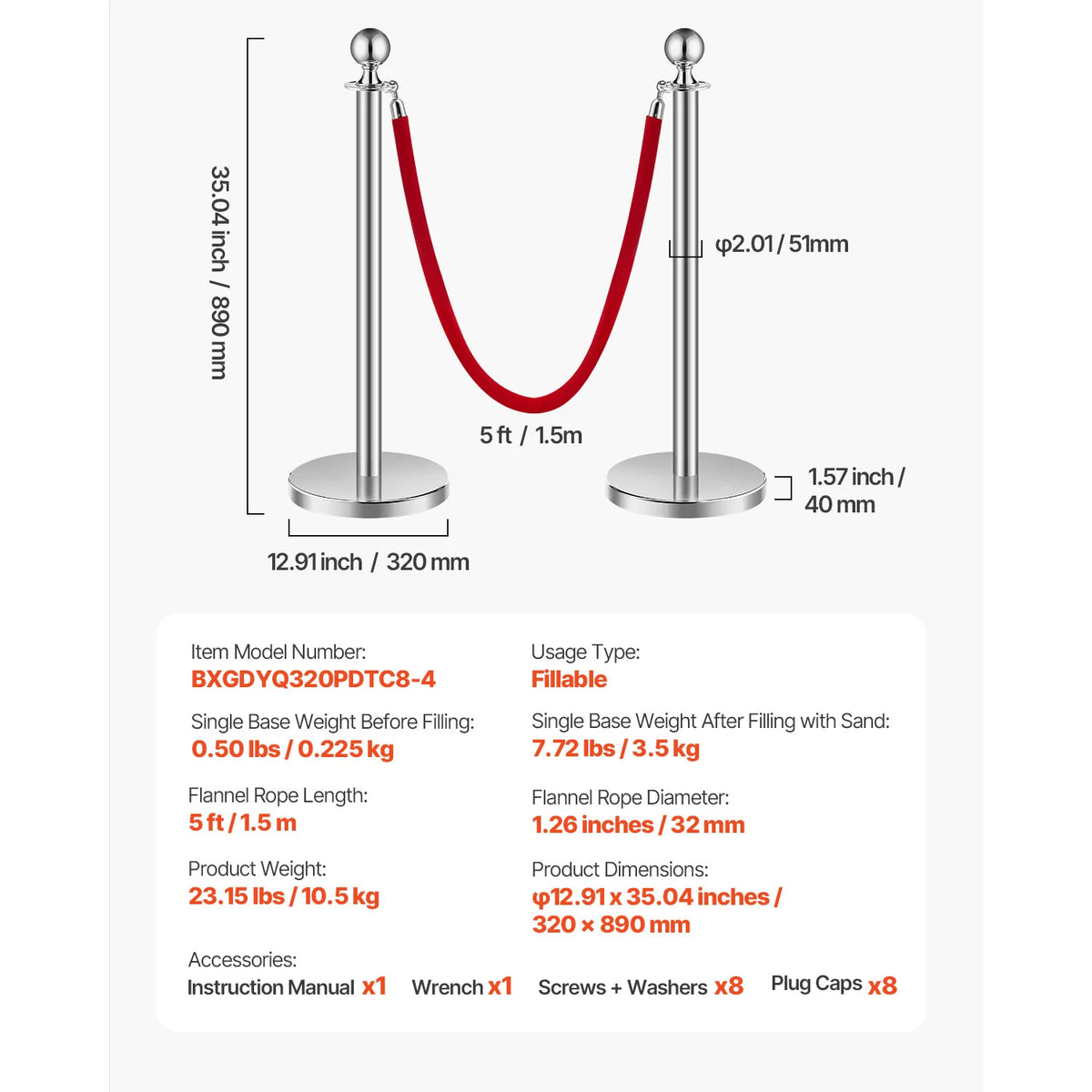 SucceBuy Stanchions 4/6/8Pcs Stainless Steel Post with Fillable Base Red Velvet Ropes & Posts Crowd Control Barriers Stanchions